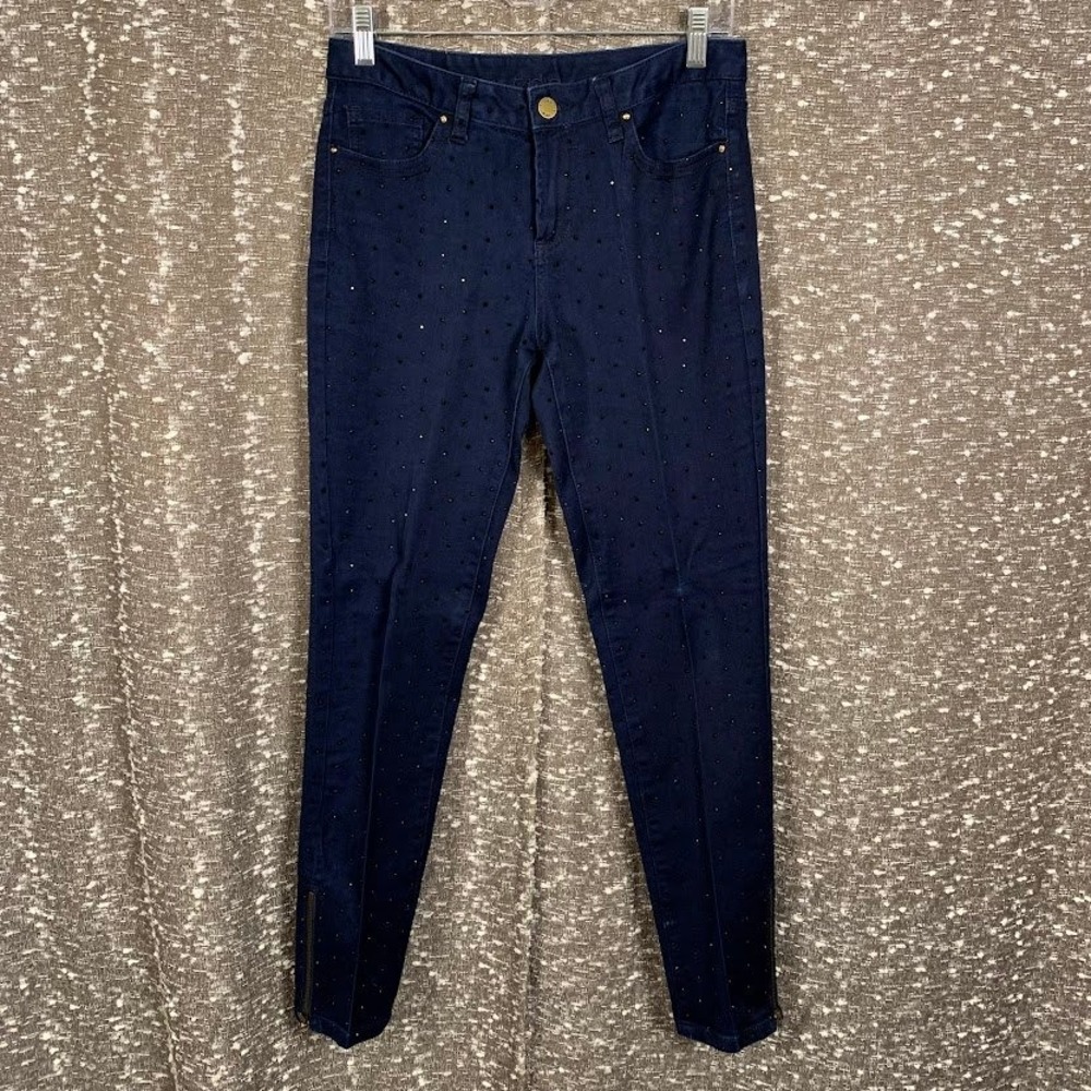 Cache Blue Rhinestone Embellished Skinny Jeans Ankle Zip Glam Women's 6